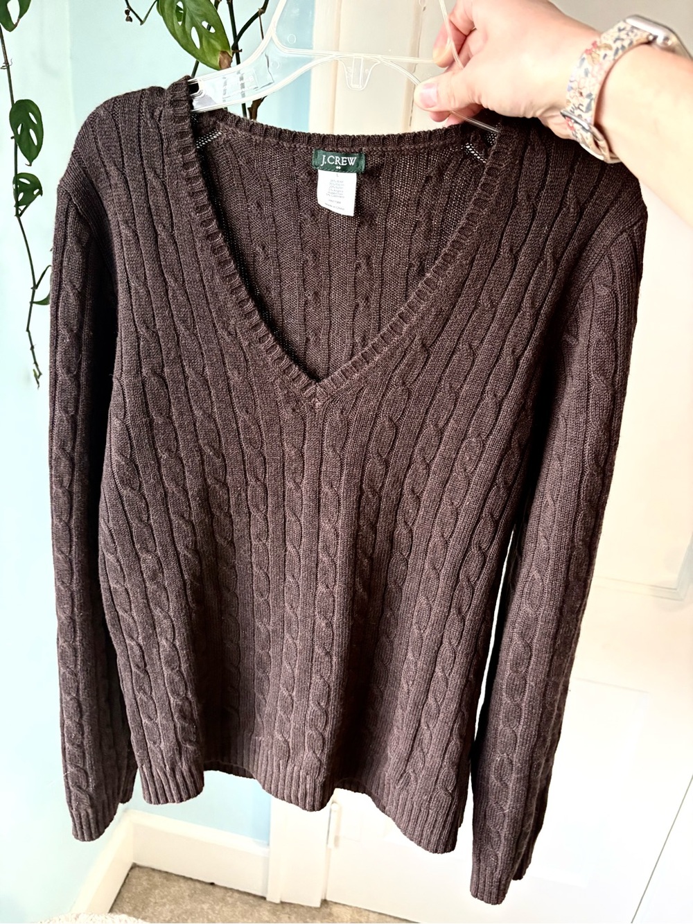 J.Crew Brown Cable Knit V-Neck Sweater Wool Cashmere Angora Blend Preppy